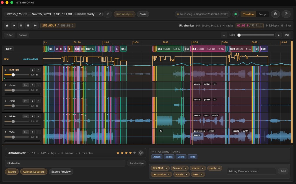 STEMWORKS songs view showing extracted segments